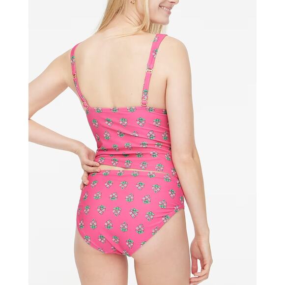 J.Crew Ruched Plunge Tankini Top SZ S Pink Floral Print Adjustable Straps Lined - Picture 3 of 10